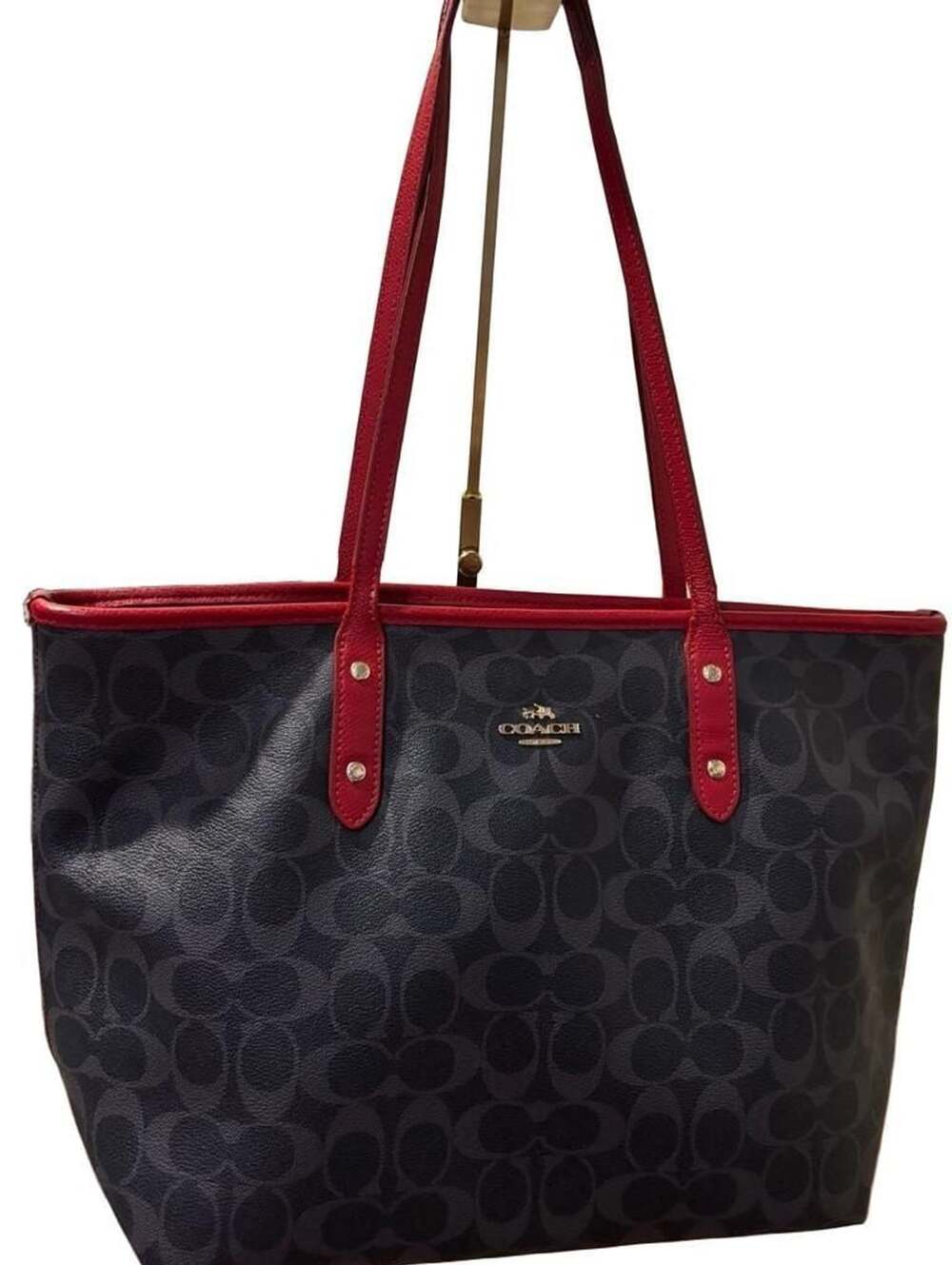 COACH Signature Tote Bag Gray Black Red PVC Canvas Leather